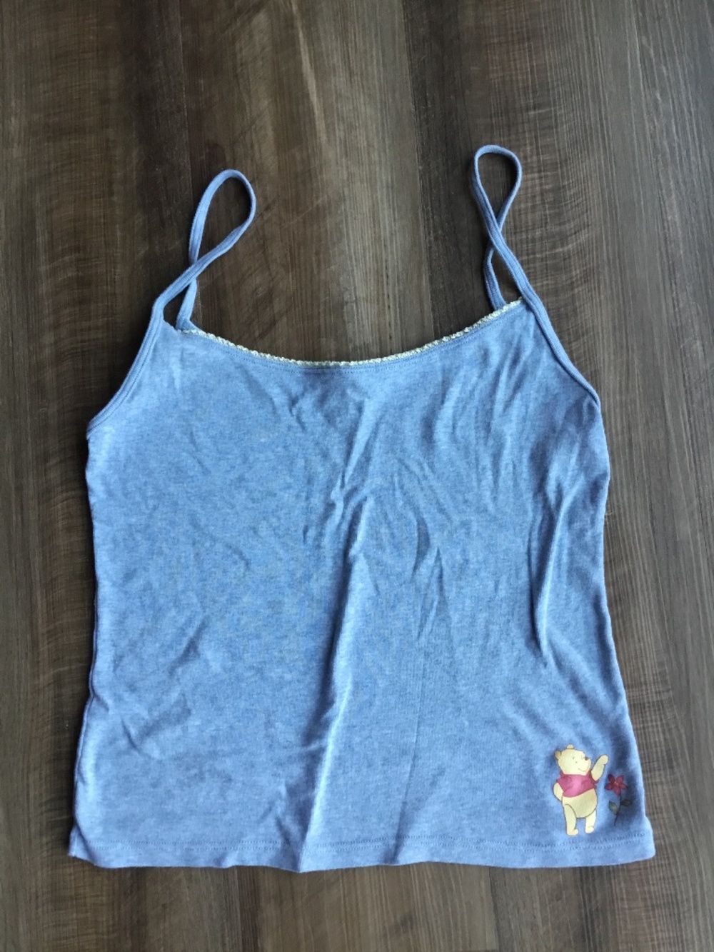 Disney Winnie the Pooh Blue Camisole Lace Trim Spaghetti Strap Tank Top